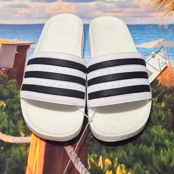 Adidas White Boost Slides Flip Flops NWT Size 10‎ - Picture 1 of 10